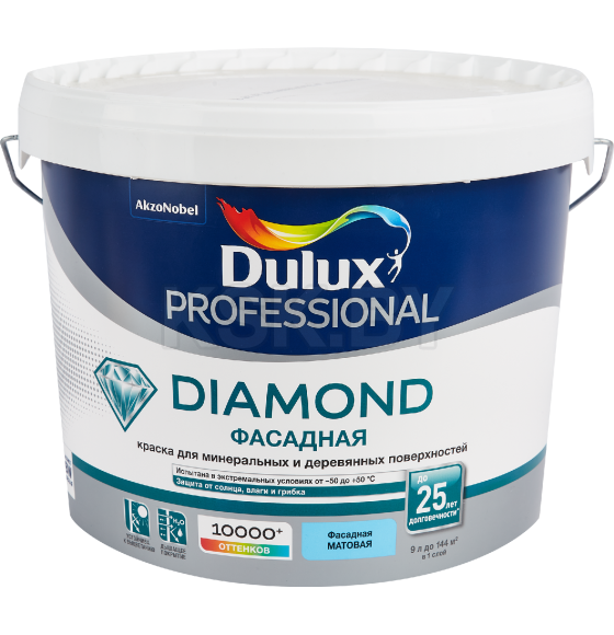 Краска в/д фасадная DULUX Prof. DIAMOND Фасадная Гладкая матовая белая ,  9 л (5770494) 