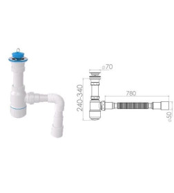 Сифон для умывальника с прикручивающимся выпуском 70мм , с гибкой трубой 1 1/2" - 40/50мм, AV Engineering