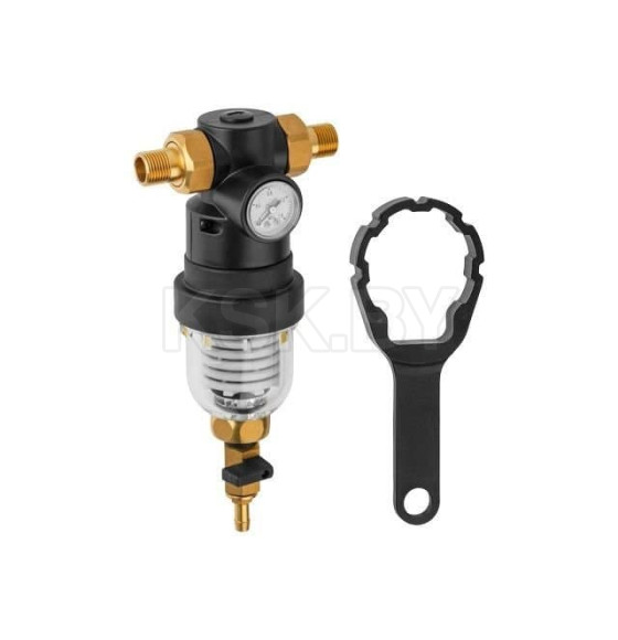 Фильтр самоочищающийся 1/2" нар. с манометром (промывной латунный, разборный, ступенчатый) AV Engineering AVE115701KG (AVE115701KG) 