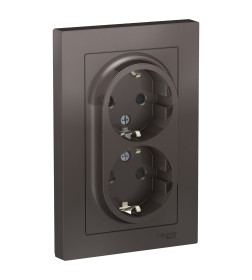 Розетка двойная с заземлением со шторками, 16А, в сборе, мокко, Schneider Electric Atlasdesign