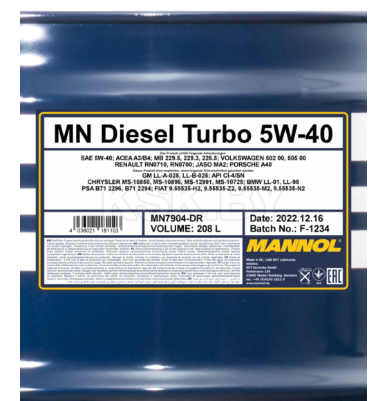 Масло моторное синтетическое Mannol Diesel Turbo 5W-40 SN 208л (MN7904-DR) 