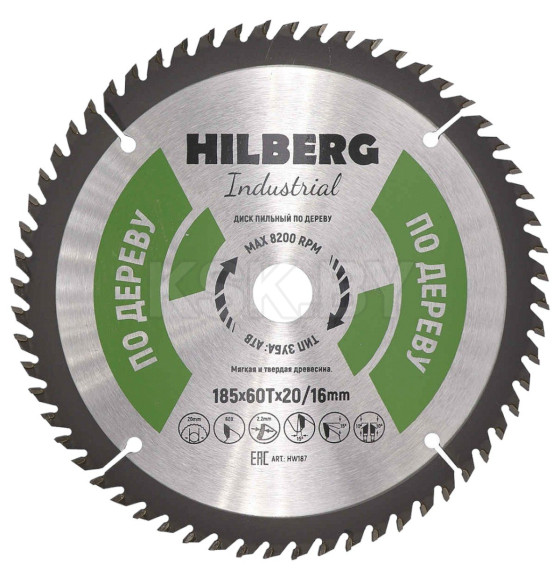 Диск пильный по дереву 185х60Tх20/16 мм Hilberg Indastrial HW187 (HW187) 