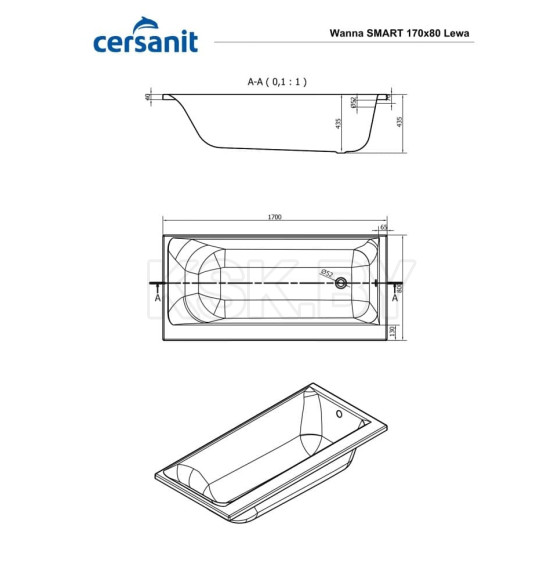 Ванна акриловая 170х80 см L  CERSANIT  Smart  (без ног)