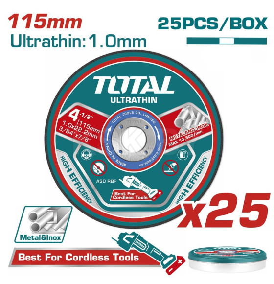 Круг отрезной по металлу 115x1,0x22,2 мм (25 шт.) TOTAL TAC11011525 (TAC11011525) 