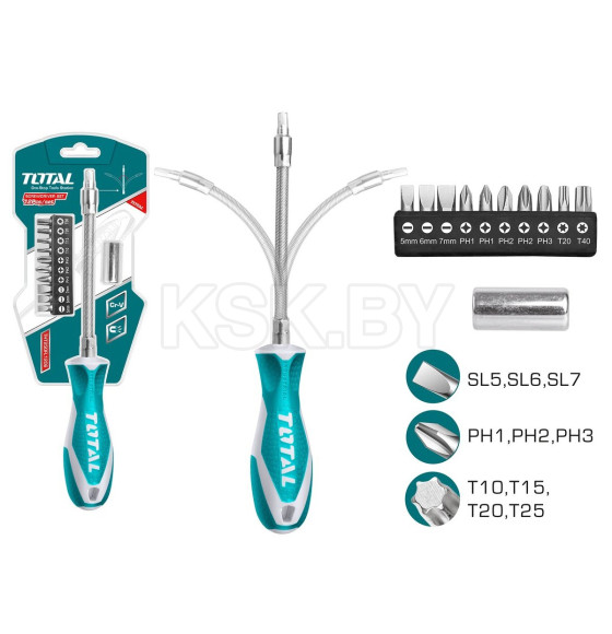 Отвертка гибкая с набором бит (12 предметов) TOTAL THT250FL1206 (THT250FL1206) 