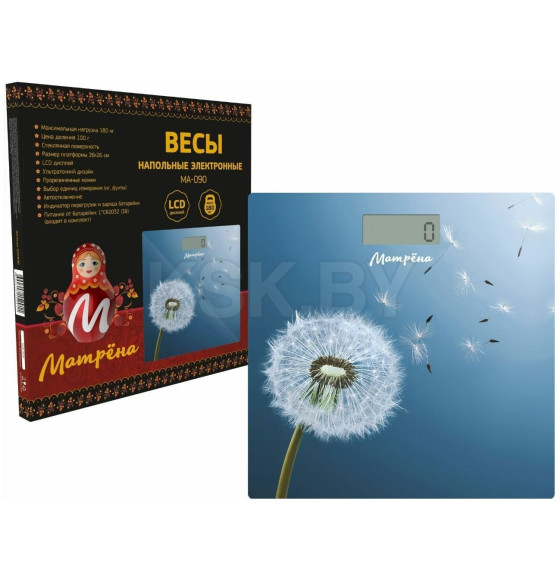Весы напольные электронные МАТРЕНА МА-090 стекл. одуванчик 180 кг (007836) 