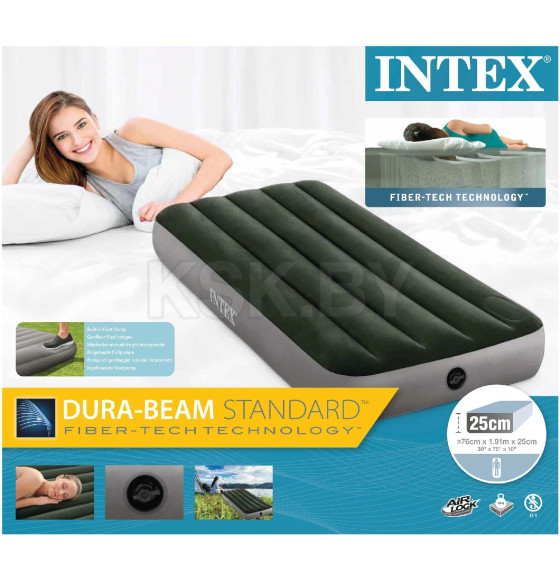 Матрас надувной Intex Downy Airbed (76x191x25) Fiber-Tech, встроенный ножной насос, 64760 (64760) 