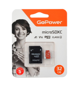 Карта памяти microSD GoPower 32GB Class10 UHS-I (U3) 80 МБ/сек V10 с адаптером