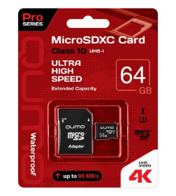 Карта памяти QUMO MicroSDXC 64GB 90/45 МБ/с UHS-I U3, Pro seria 3.0 с адаптером SD,(QM64GMICSDXC10U3)