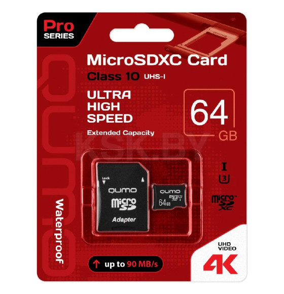 Карта памяти QUMO MicroSDXC 64GB 90/45 МБ/с UHS-I U3, Pro seria 3.0 с адаптером SD,(QM64GMICSDXC10U3) (Q24628) 