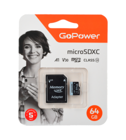 Карта памяти microSD GoPower 64GB Class10 70 МБ/сек V30 с адаптером