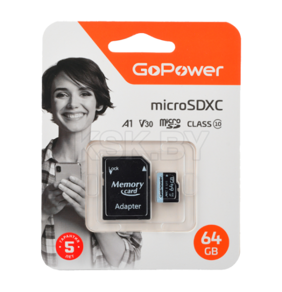 Карта памяти microSD GoPower 64GB Class10 70 МБ/сек V30 с адаптером (00-00025676) 