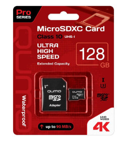 Карта памяти QUMO MicroSDXC 128 GB 90/70 МБ/с UHS-I U3, Pro seria 3.0  с адаптером SD