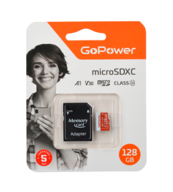 Карта памяти microSD GoPower 128GB Class10 UHS-I (U3) 100 МБ/сек V30 с адаптером