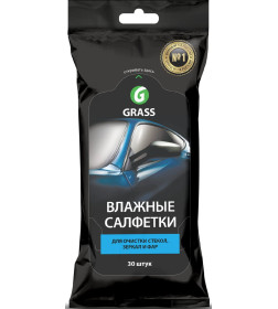 Салфетки влажные для очистки стекол, зеркал и фар GRASS 30шт.