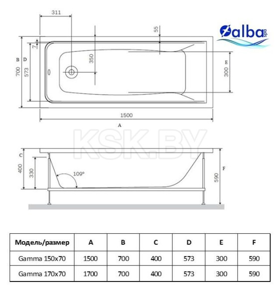 Ванна акриловая Alba Spa Gamma прямоугольная 150х70 ВПР0220200100 (ВПР0220200100) 