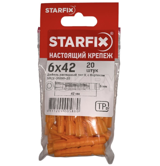 Дюбель распорный 6х42 мм тип U с бортиком (20 шт в зип-локе) STARFIX (SMZ1-38260-20) 