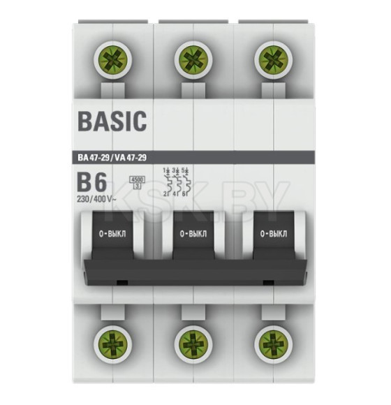 Автоматический выключатель 3P 6А (B) 4,5кА ВА 47-29 Basic (mcb4729-3-06-B) 