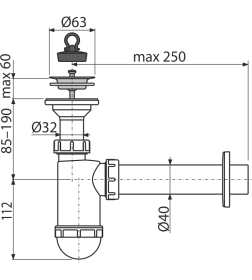 Сифон для умывальника d40 с нерж.реш. d63 и гиб. соед. 40/50 + нак.гайка A41+ A770
