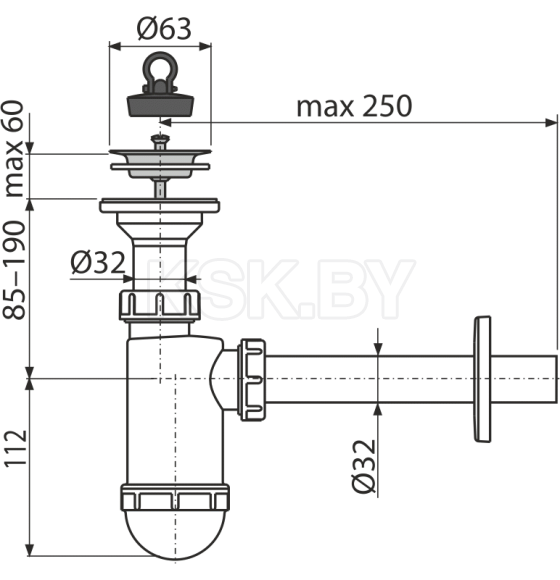 Сифон для умывальника DN32 с нержавеющей peшeткой DN63 A410 (A410-BL-01) 