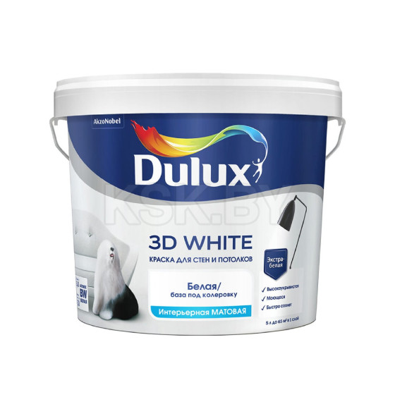 Краска водно-дисперсионная внутренняя DULUX белая матовая 3D White, 5 л ( кг) (5701639)