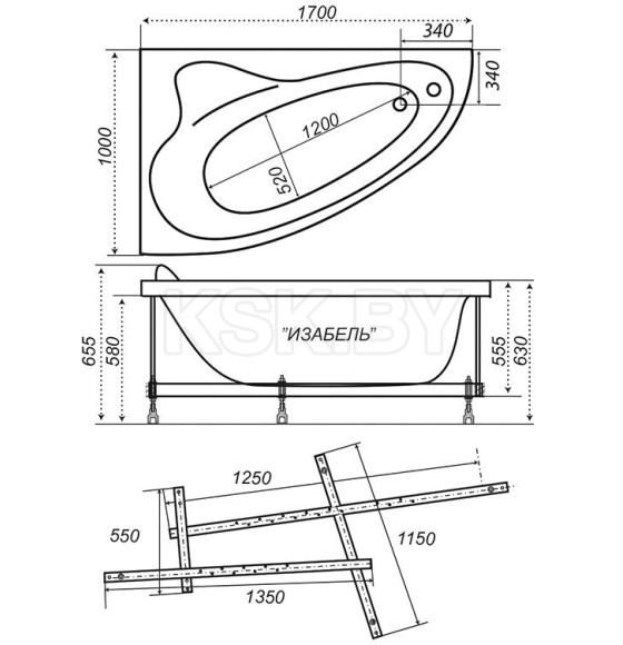 Ванна акриловая угловая 170х100 см Triton Изабель NEW (правая, с каркасом) Щ000001056 (Щ000001056) 