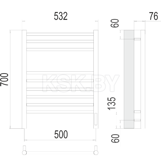 Полотенцесушитель Аврора П9 500х700 электро (sensor quick touch) TERMINUS Порошковый (9005  RAL MAT) (4670078532466) 