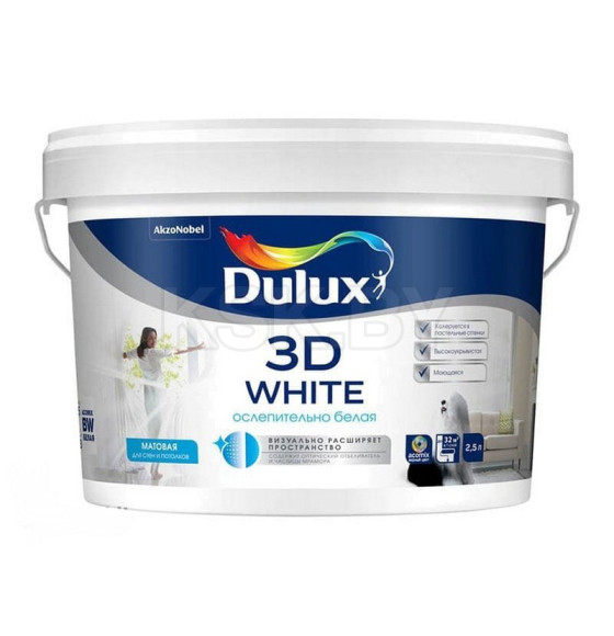 Краска водно-дисперсионная внутренняя  DULUX  белая матовая 3D White,  2,5 л (5701640) 