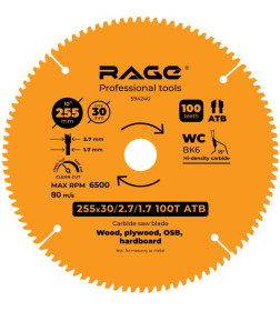 Диск пильный по дереву 255х100Tх30/25.4/20/16 мм Clean cut RAGE by VIRA