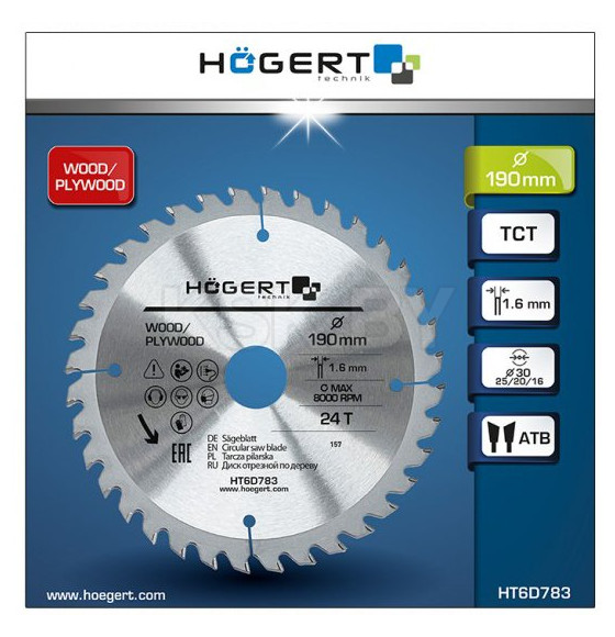 Диск пильный 190x24Tx30 Mn65 HOEGERT (HT6D783) 