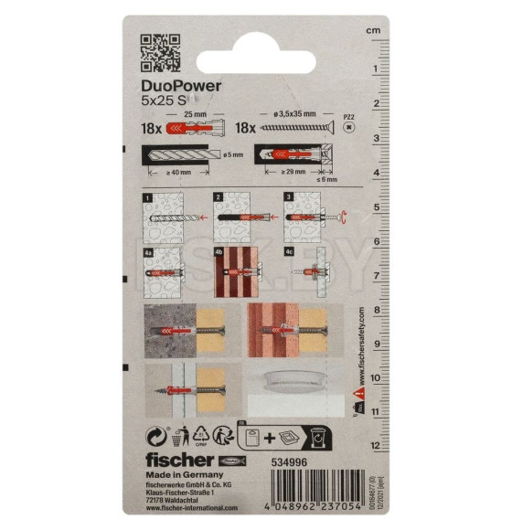 Дюбель распорный 5x25 DUOPOWER с саморезом (18шт упак.) Fischer (534996f) 