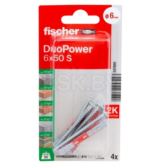 Дюбель распорный DUOPOWER 6x50 с саморезом ( 4шт упак.) Fischer (537660f) 