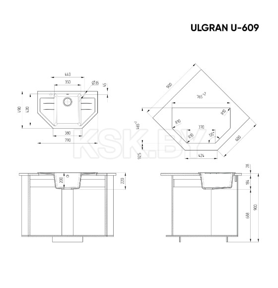 Мойка кухонная Ulgran U-609-344 (Ультра-чёрный)