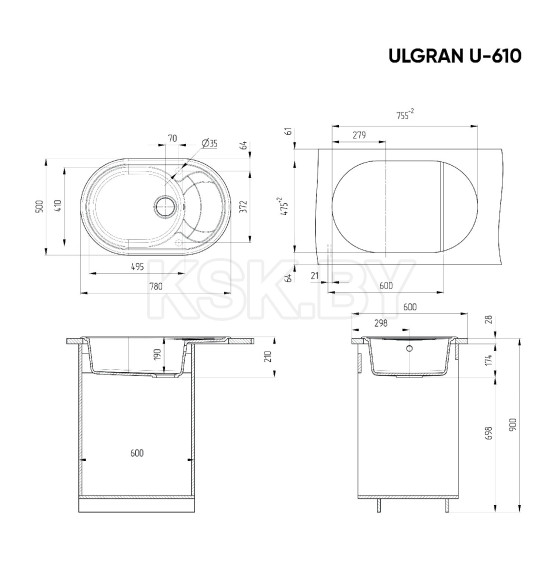 Мойка кухонная Ulgran U-610-308 (Чёрный)