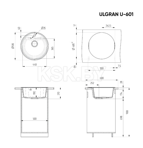 Мойка кухонная Ulgran U-601-344 (Ультра-чёрный)