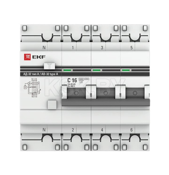 Дифференциальный автомат АД-32 3P+N 16А/30мА (хар. C, A, электронный, защита 270В) 6кА EKF PROxima (DA32-6-16-30-4P-a-pro) 