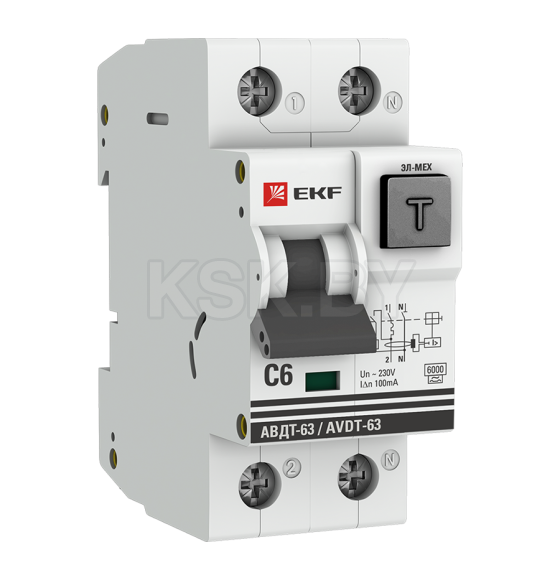 Дифференциальный автомат АВДТ-63 6А/100мА (характеристика C, эл-мех, тип А) 6кА EKF PROxima (DA63-6-100em) 