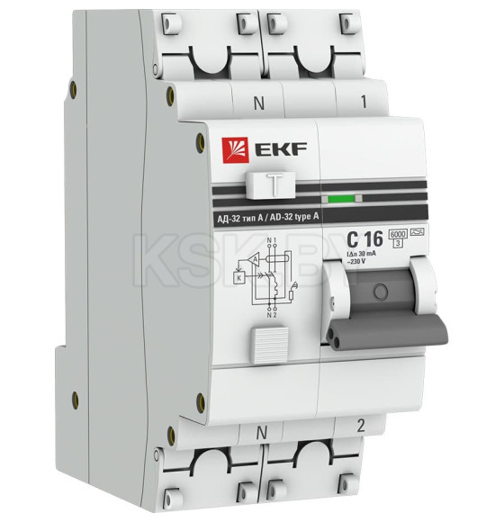 Дифференциальный автомат АД-32 1P+N 16А/30мА (хар. C, A, электронный, защита 270В) 6кА EKF PROxima (DA32-6-16-30-a-pro) 