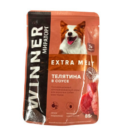 Корм "Winner Extra Meat" для взрослых собак всех пород, влажный "Телятина в соусе" 85г