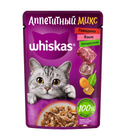 Корм влажный Whiskas для взрослых кошек говядина язык овощи в желе  Аппетитный микс  75 г