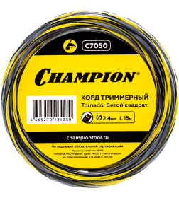 Леска для триммера 2.4 мм х 15 м Tornado сечение витой квадрат CHAMPION C7050