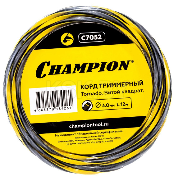 Леска для триммера 3.0 мм х 12 м Tornado сечение витой квадрат CHAMPION C7052 (C7052) 