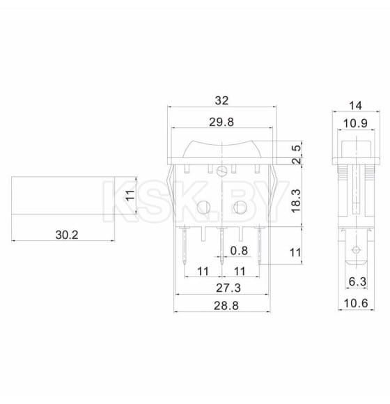 Переключатель клавишный 250V 15А (3с) ON-OFF-ON черный с нейтралью REXANT (36-2220)