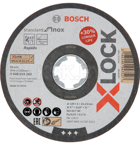 Диск отрезной по нержавеющей стали 125х2.0x22.23 мм X-LOCK Standard for Inox BOSCH 2608619262 (2608619262) 