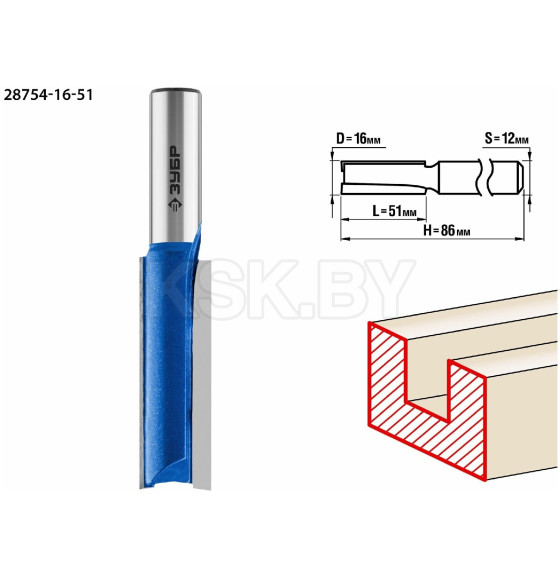 Фреза пазовая прямая, удлиненна 16/51/12 мм. ЗУБР Профессионал (28754-16-51) 
