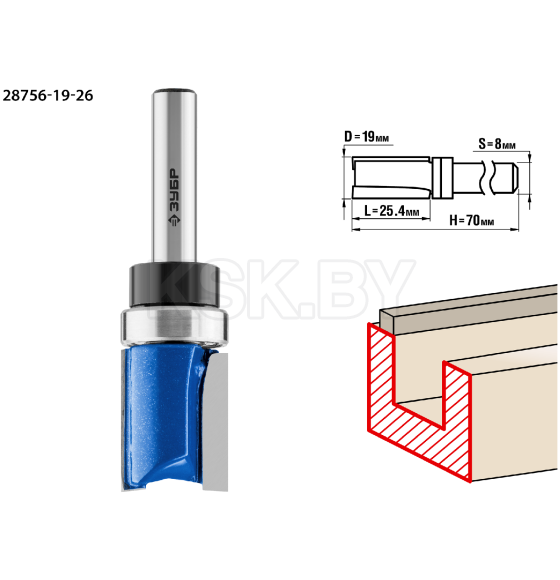 Фреза пазовая прямая с верхним подшипником 25,4/8/19мм. ЗУБР Профессионал  (28756-19-26) 
