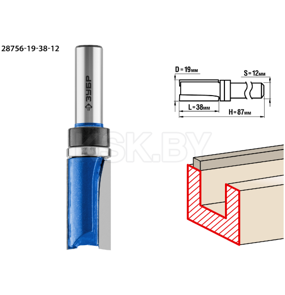 Фреза пазовая прямая с верхним подшипником 38/12/19мм. ЗУБР Профессионал (28756-19-38-12) 