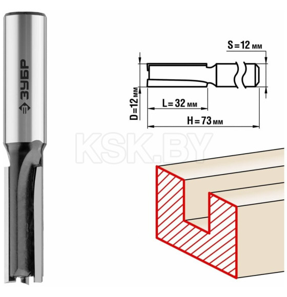 Фреза пазовая прямая ЗУБР 12x32мм. хвостовик 12мм.  (28780-12-32-12) 