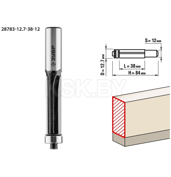 Фреза кромочная с нижним подшипником ЗУБР 12.7x38мм. хвостовик 12мм. (28783-12.7-38-12) 