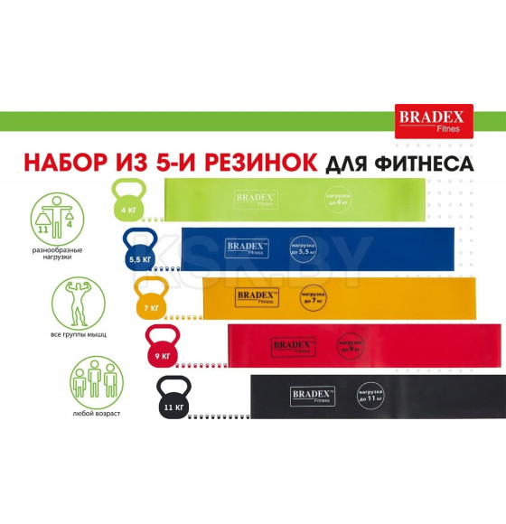 Набор из 5-ти резинок для фитнеса Bradex SF 0673, нагрузка до 4, 5,5, 7, 9, 11 кг (SF 0673) 